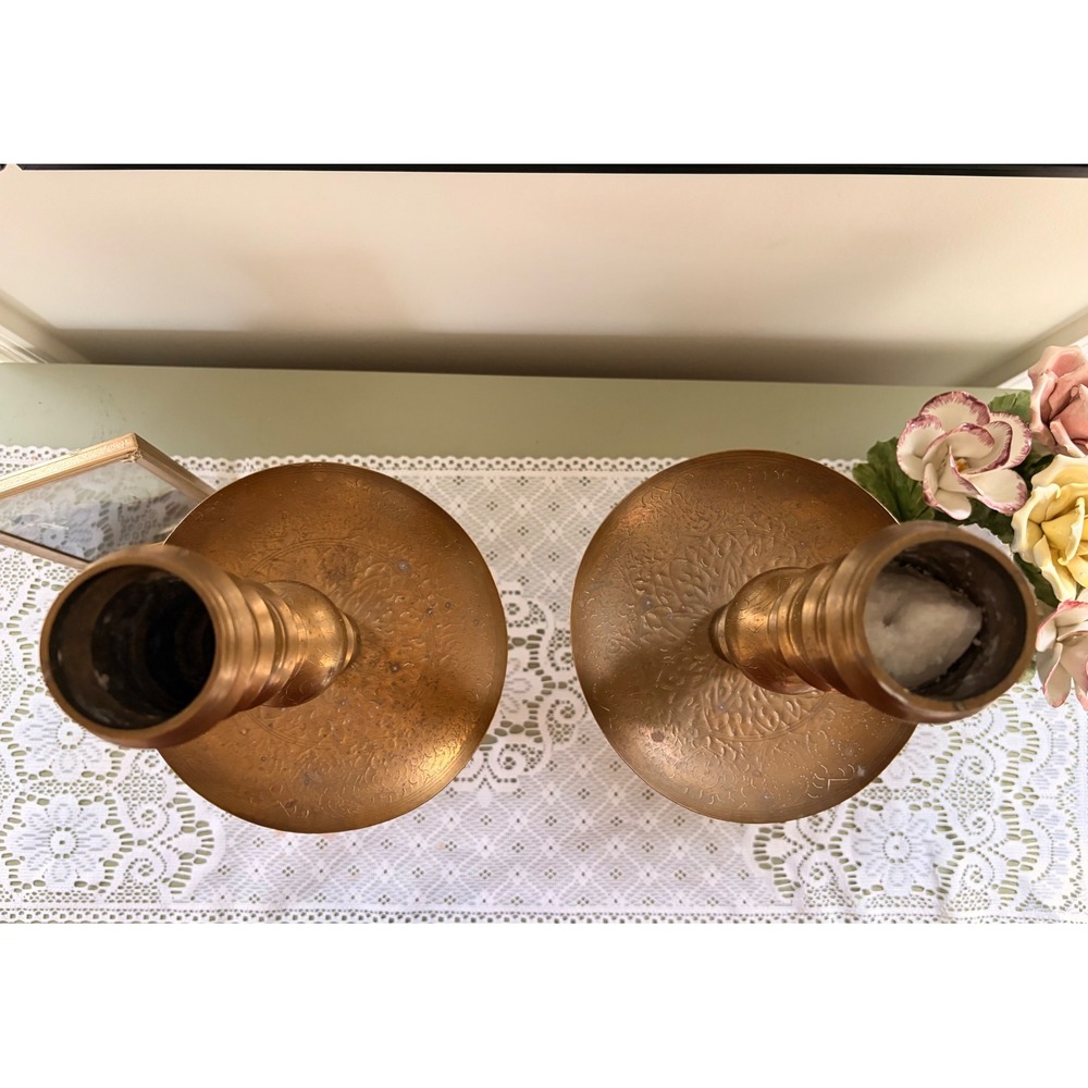 Pair of Vintage Brass Floor Candlesticks | Tall Ornate Candle Holders - Picture 6 of 7
